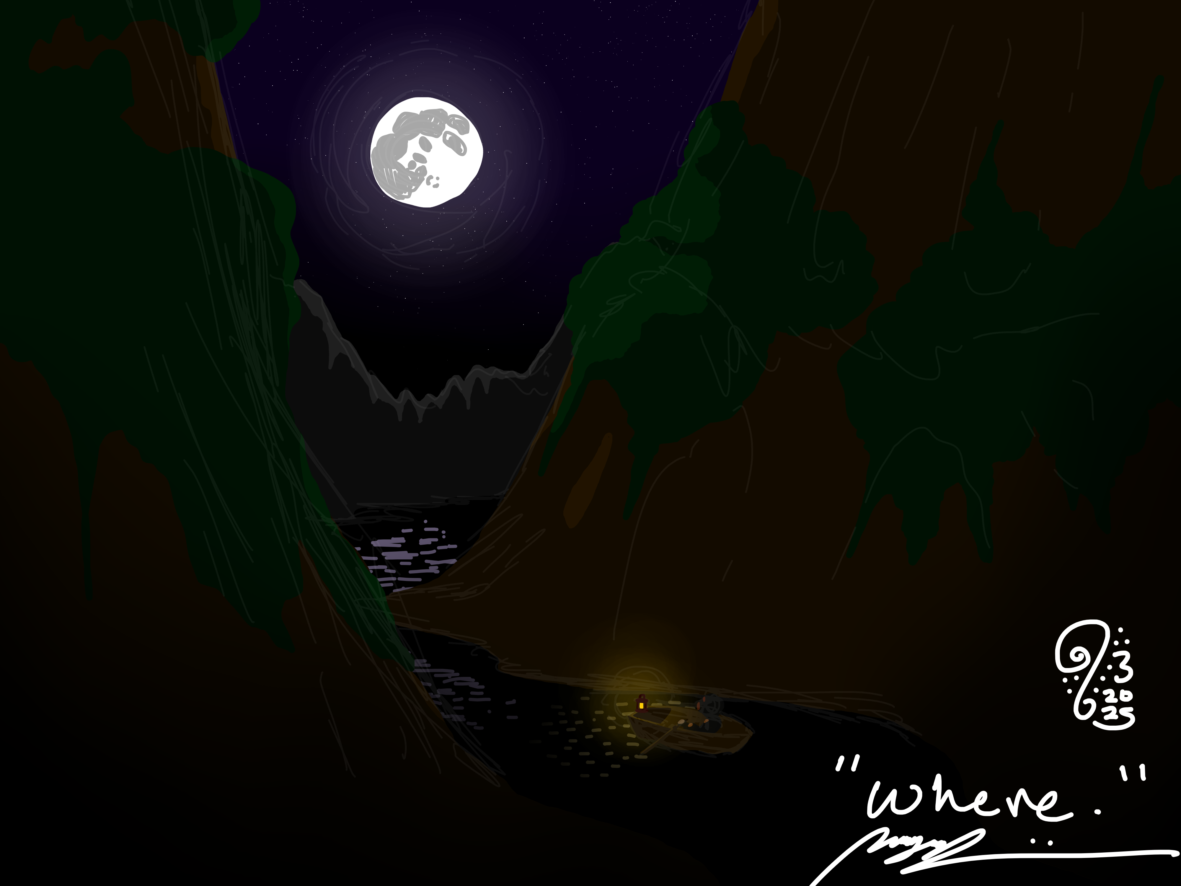 The moon glows. It is framed by mountains and cliffs that barely reflect any light, thereby appearing almost invisible, almost black as the night and the darkness. A river cuts through the mountains. The ripples in the water reflect the moon on one end, and the lantern of a lone boat on the other. A person is sitting in the boat, rowing and trying to catch a glimpse of the moon before it gets covered by the mountains the boat is drifting further into. Though the lantern is lit brightly, the person's clothes and facial features are barely lit.