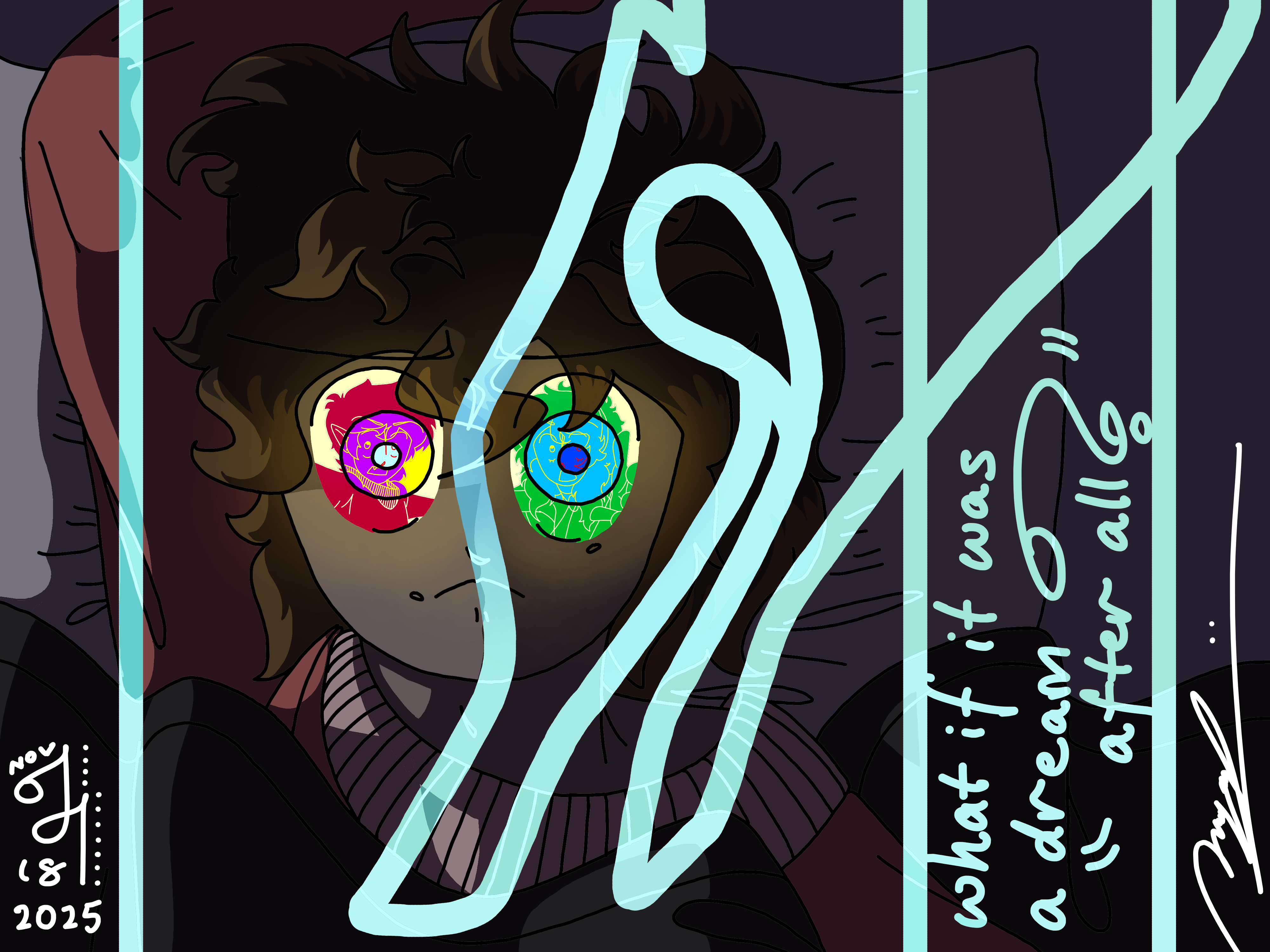 Leo Montoya of fenneqy's WolfHunt lies in bed, distressed, his eyes glowing against their will from the wolf inside him that embodies his burning emotions. Seared into his eyes are images of the friends he's made as a result of all the chaos he's become entangled in. But his face is crossed by an outline of the thing he fears becoming, the one looming consequence of the fateful event that started the entire story.