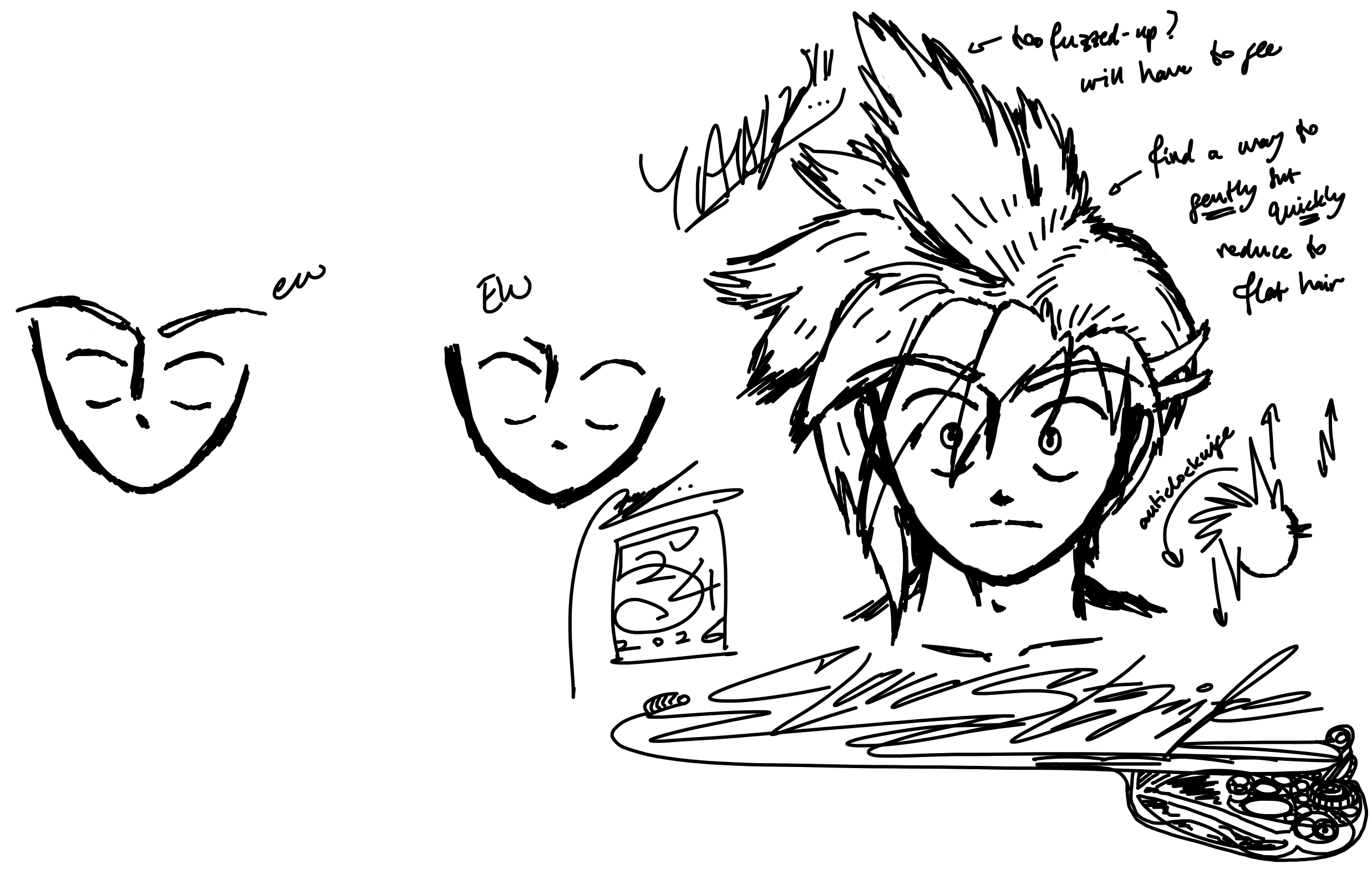 There are three faces in this drawing. Two are incomplete. From left to right, the first looks like a skinny-faced alien, the second looks like a squat-faced alien...and the third and last one is a complete head drawing of Cloud Strife from the video game that is literally critically-acclaimed to be the best video game ever made, Final Fantasy 7!!! His hair is insanely spiky, but all the spikes point in this coordinated anti-clockwise way that frames his face in a really interesting way.