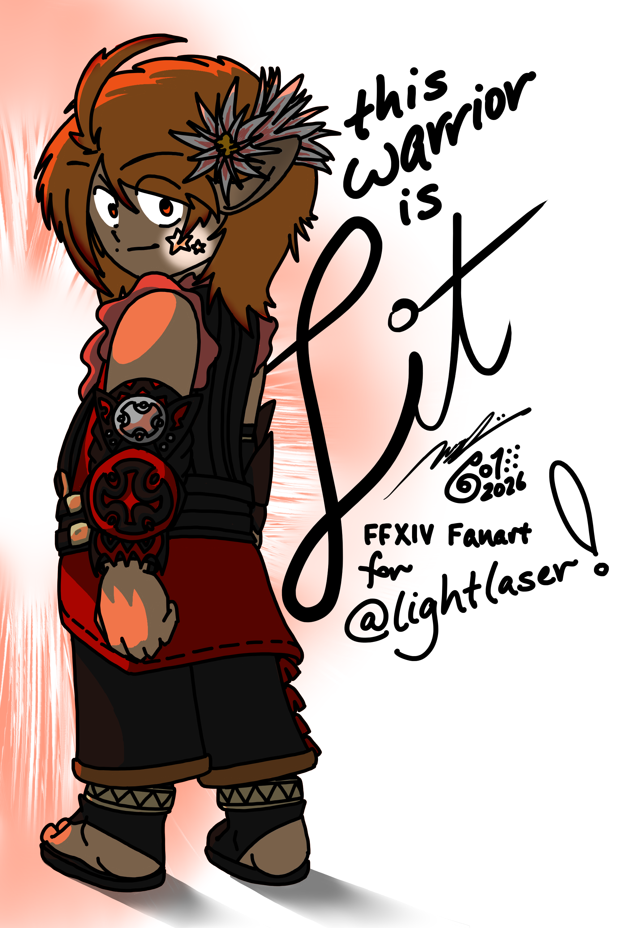Twitch streamer Lightlaser's WoL (Warrior of Light, i.e. main character), Litzer Lozer (that's a long-O for the last name), looks bravely at the audience as he gets pummeled by scarlet light. He has flowers around his left ear, long spiky bangs that shield his face, and a red-and-black outfit with intricate arm guards, golden anklets, and some HIGHLY-breathable sandals.