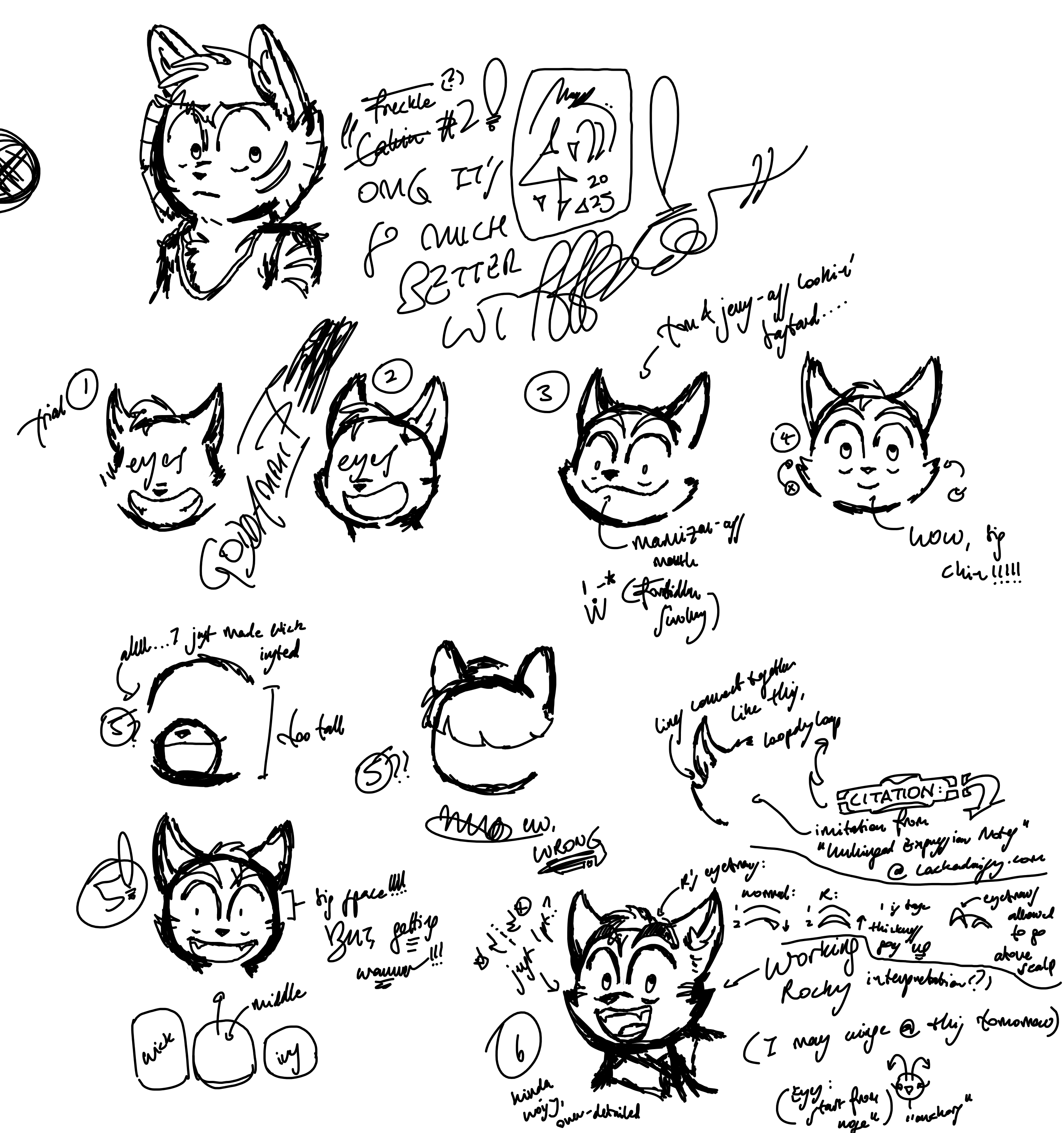With Calvin (Freckle) McMurray (also from Lackadaisy) as my guinea pig, expanding to Rocky and his much-different head shape turned out to not be so hard. It did take me several tries to get to something that doesn't look uncanny.