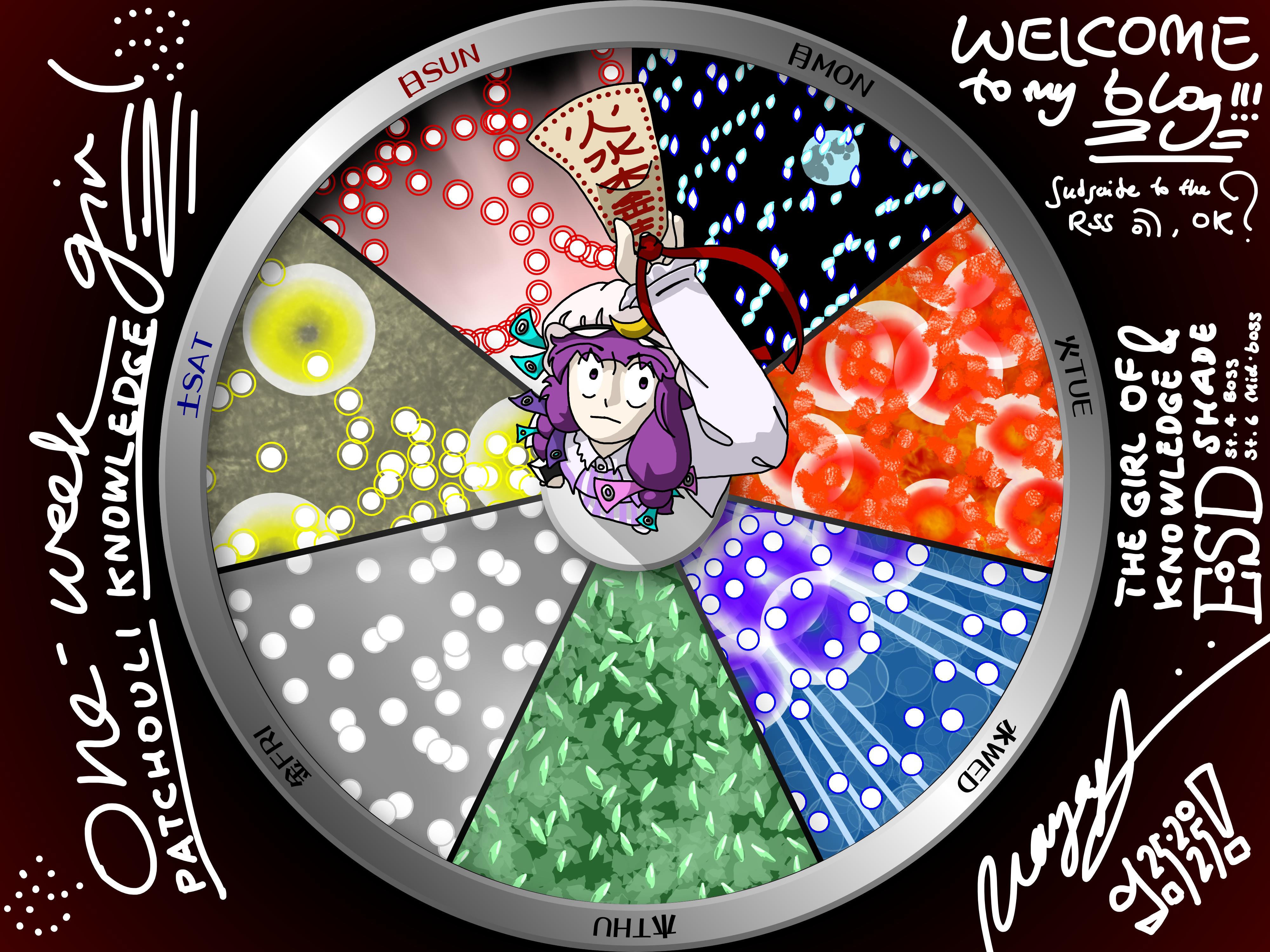 This artwork depicts Patchouli Knowledge, the 4th stage boss and 6th stage mid-boss from the Touhou game "the Embodiment of Scarlet Devil", standing in the center of a shiny, circular, metallic platform. The circle is divided into 7 pieces, each assigned a day of the week and revealing a Chinese element and spell card within. Clockwise from the middle-top: Monday, the moon, the spell card "Silent Selene". Tuesday, fire, the spell card "Agni Radiance". Wednesday, water, the spell card "Bury in Lake". Thursday, wood, the spell card "Green Storm". Friday, metal, the spell card "Silver Dragon". Saturday, earth, the spell card "Trilithon Shake". Sunday, the sun, the spell card "Royal Flare". On the right side of the artwork is text saying: Welcome to my blog!!! Subscribe to the RSS, ok? The Girl of Knowledge & Shade, EoSD.