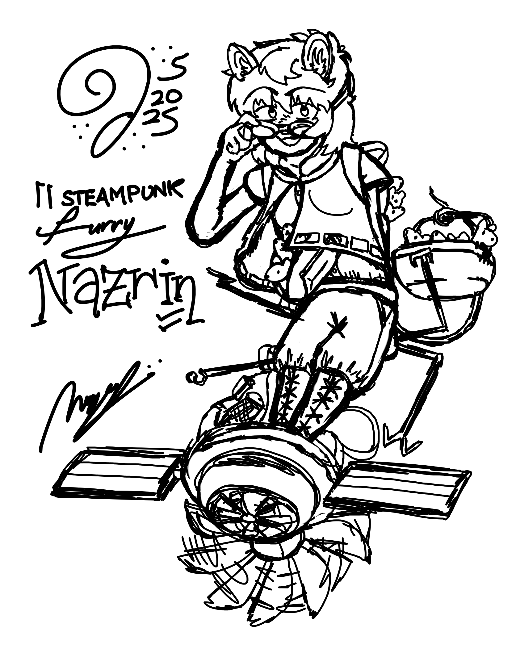 NAZRIN BUT STEAMPUNK FURRY. She's carrying TONS of mice in her bags and pockets, along with whatever mechanical goods she may be carrying, and she's riding on this clunky-looking hovercraft.