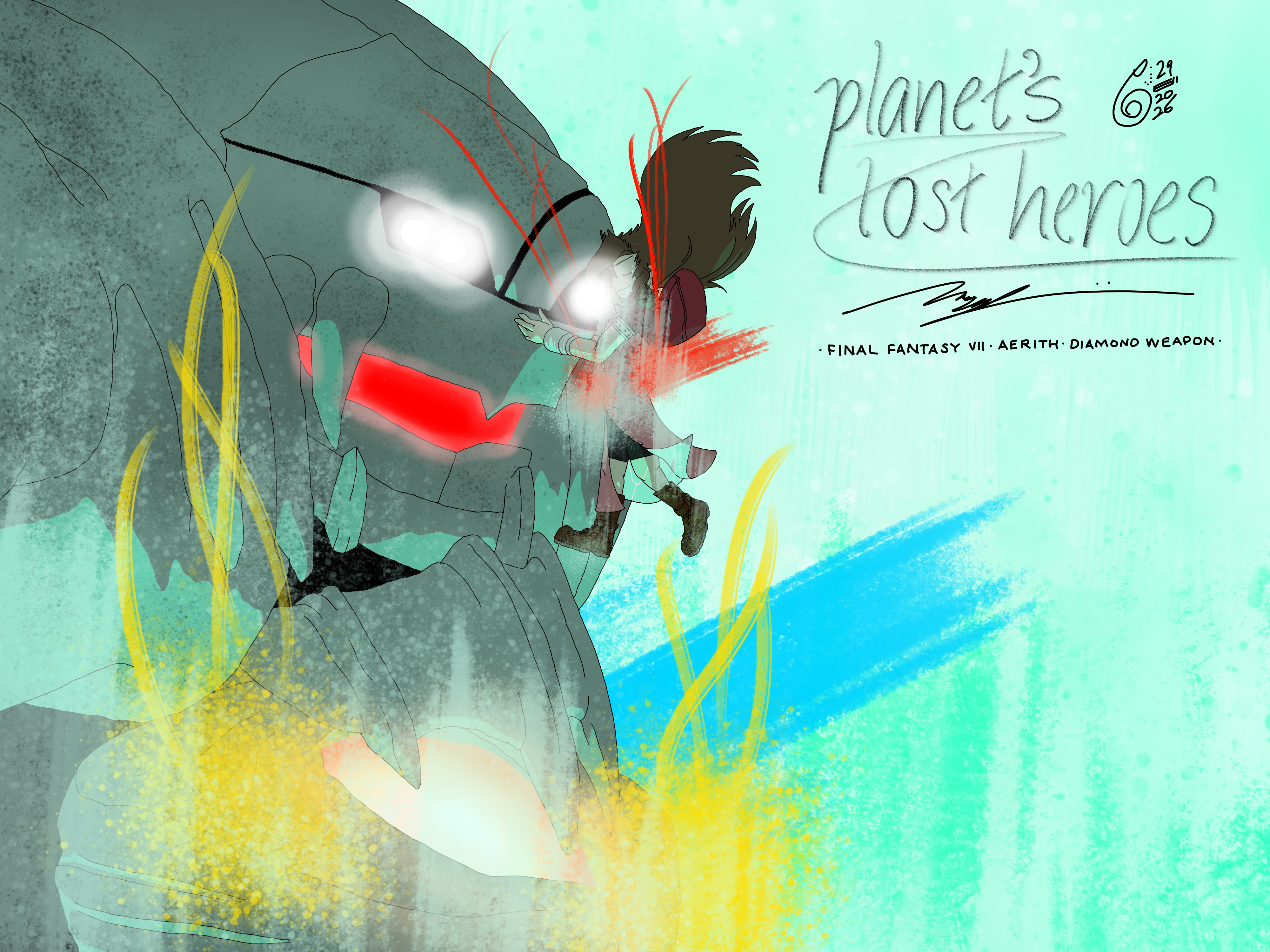 Floating in the Lifestream, Aerith caresses the head of the ginormous Diamond Weapon. Both have splatter coming out of them from where they were impaled the moment they died.