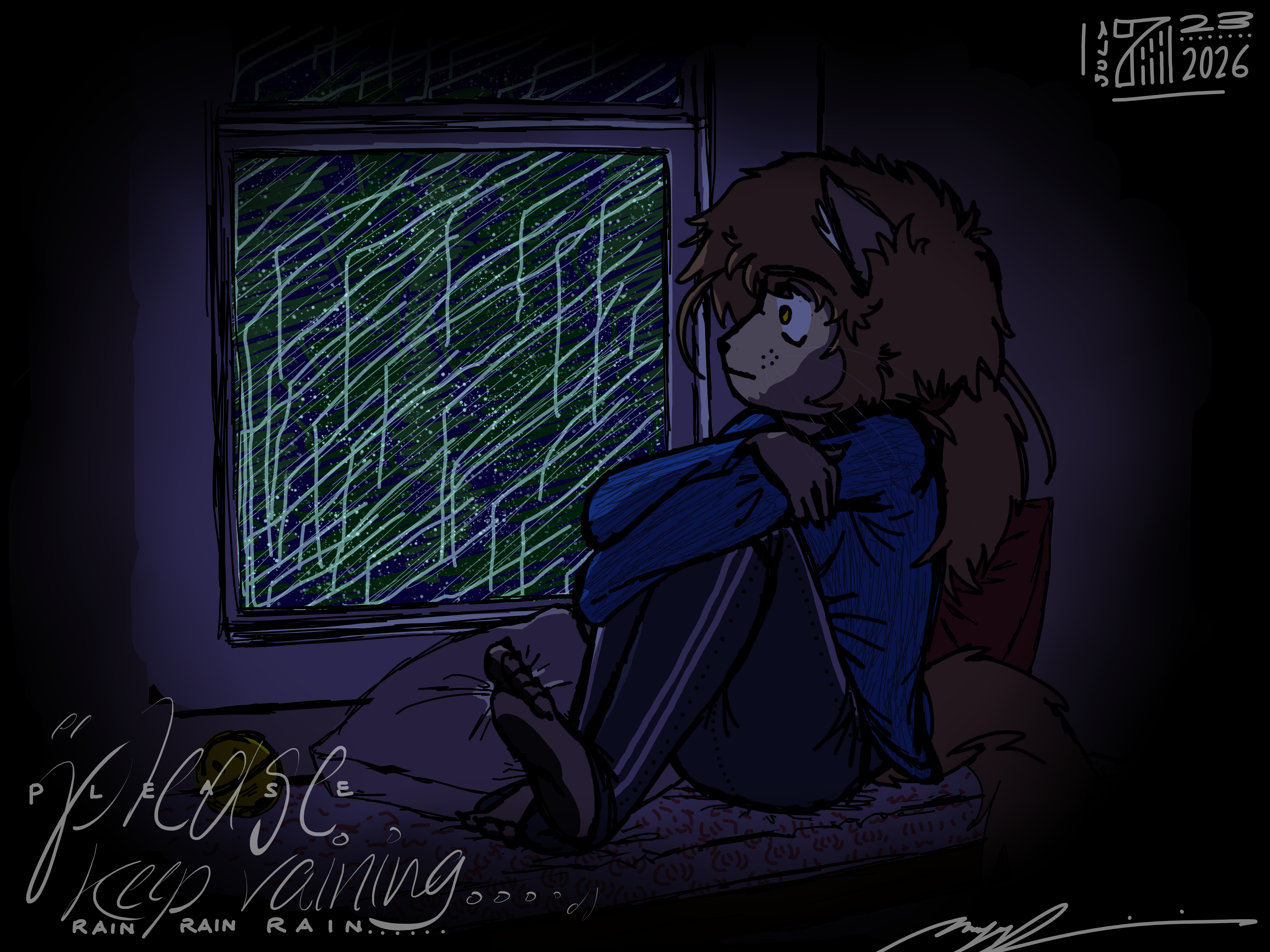 It's dim. The wind is blowing hard outside as it storms. Rainwater streaks across the window. Meanwhile, on the inside, it's dark and quiet. Cat kid solemnly watches outside.