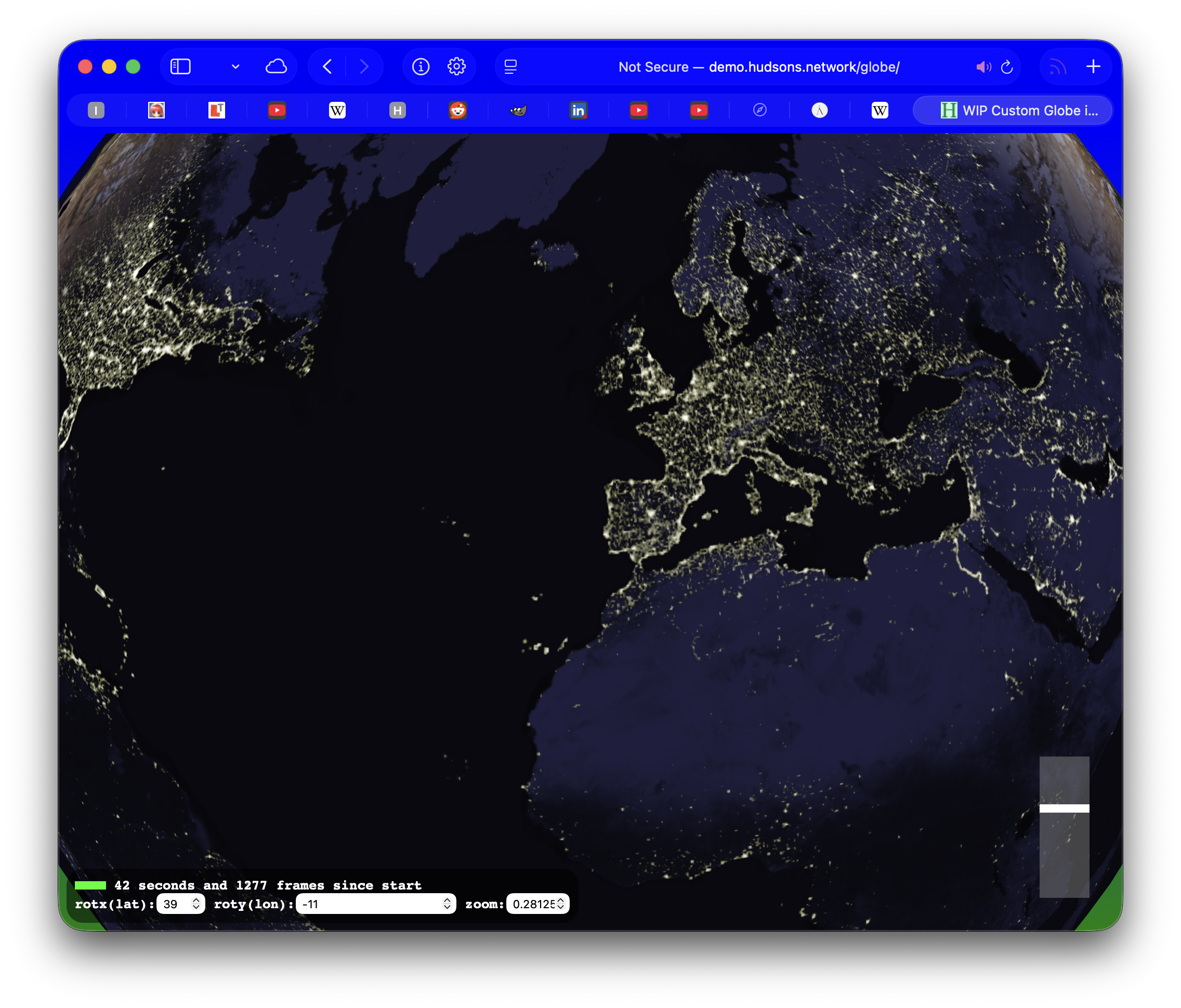 LOOKY LOOKY LOOK LOOK LOOKY. It shows the Atlantic Ocean, Europe, and the Eastern United States at night, with little slivers of other nearby areas.